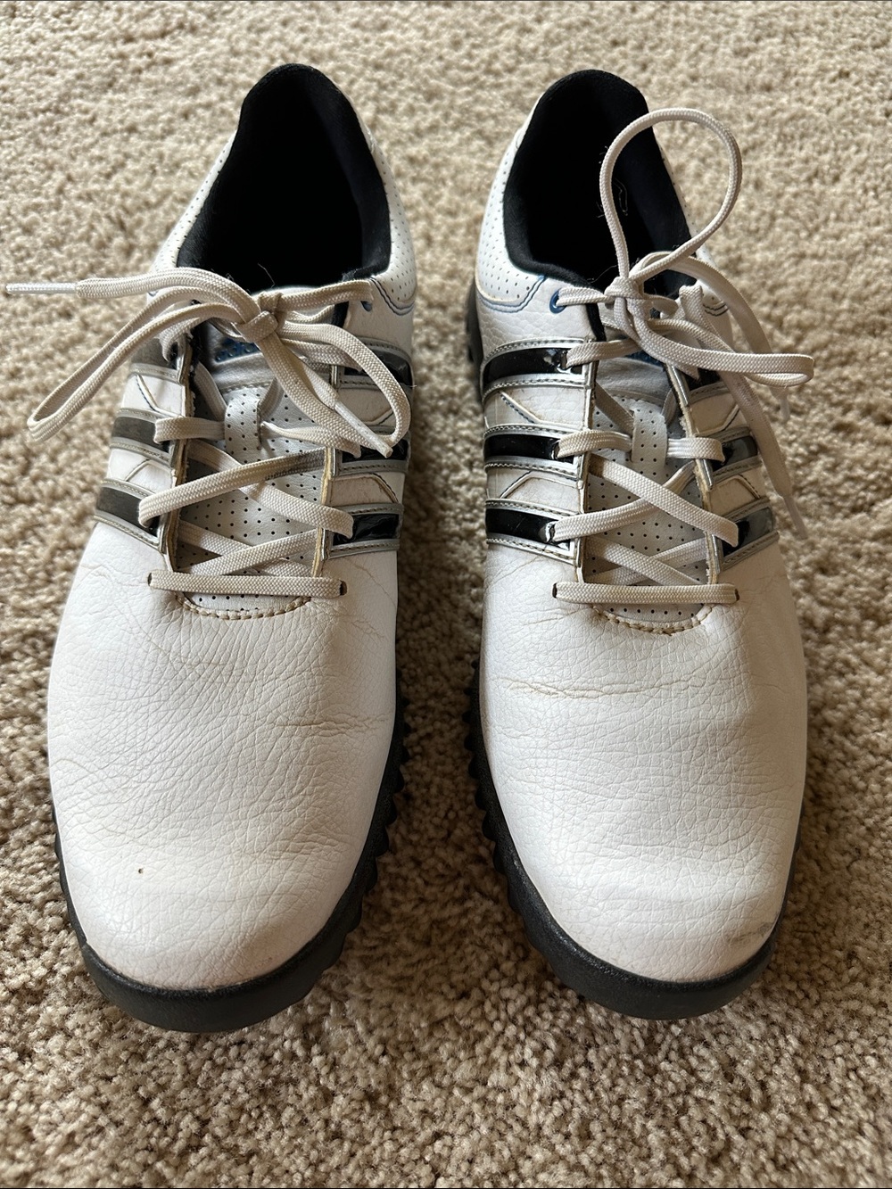 adidas White Golf Shoes with Black Stripes